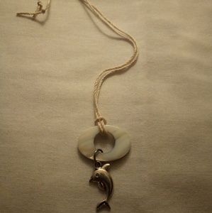 Tie On Cord Necklace with Shell Slice and Dolphin